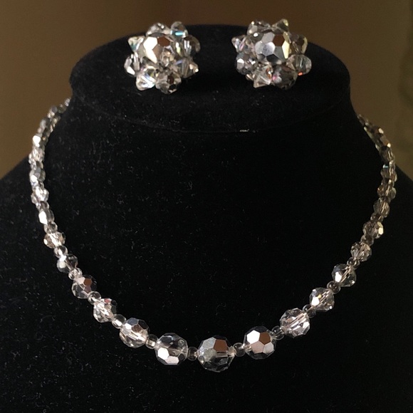 Jewelry - Vintage Silver Grey AB Necklace & Clip Earring Set